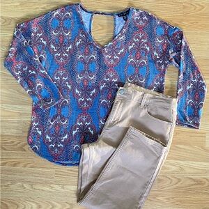 Sz XL Tribal Blue and Red Paisley Print Top